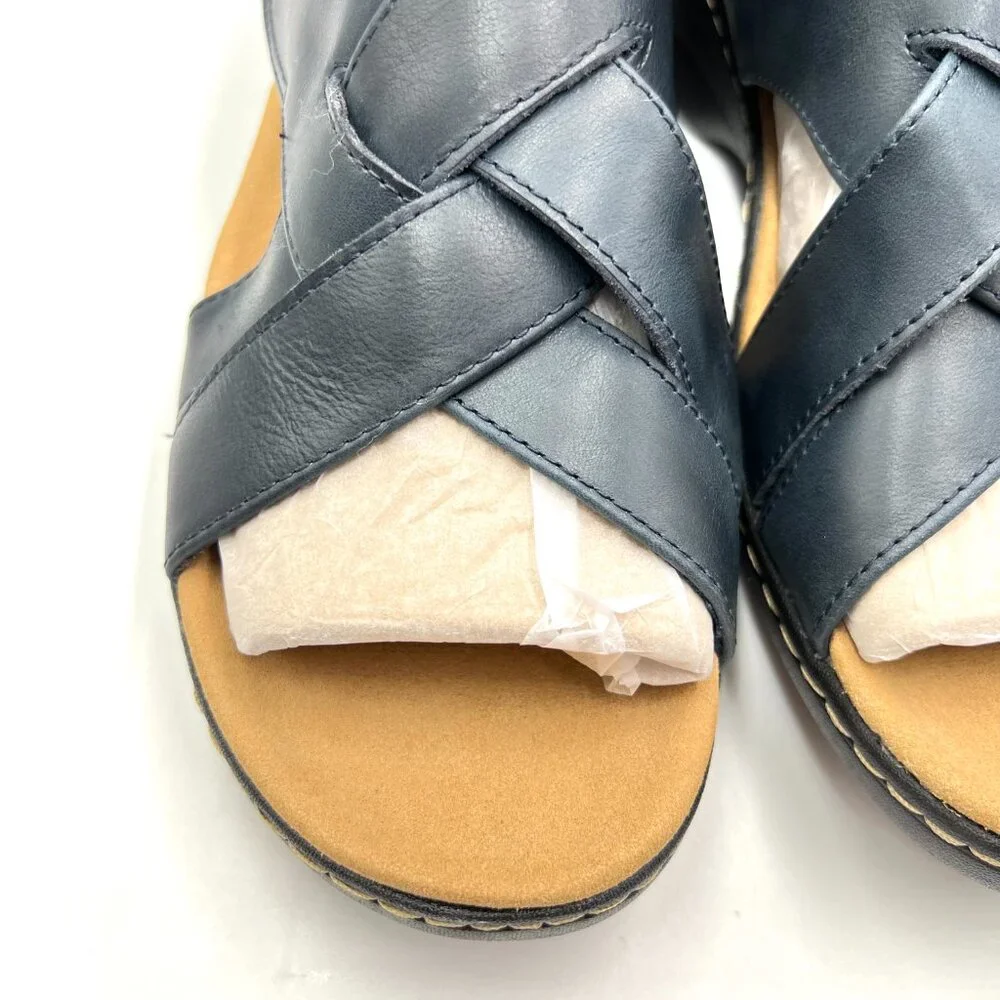 Clarks‎ Womens Size 12 Merliah Echo Navy Blue Leather Low Wedges Sandals Shoes